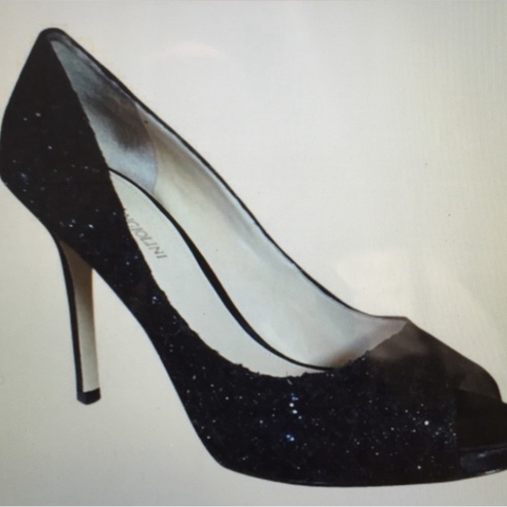 Black sparkly peep toe pumps